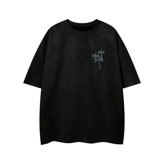 Men's Casual Black Suedette Short-Sleeve T-Shirt with Print Cross Design - Soft, Loose Fit, Round Neck, Summer Tee for Adults, Summer Casual Wear | Casual Shirt | Faux Suedette Texture