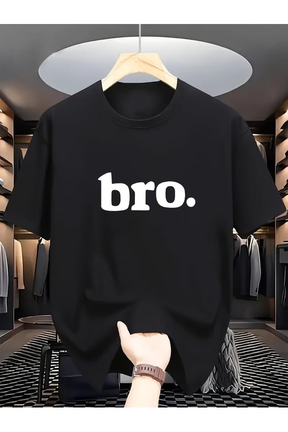 Men's Casual Black T-Shirt / "BRO." Graphic / Breathable Short Sleeve / Regular Fit / Summer Outdoor & Sports Tee / Bold White Lettering Design / Comfortable for Casual Attire / Everyday Tshirt