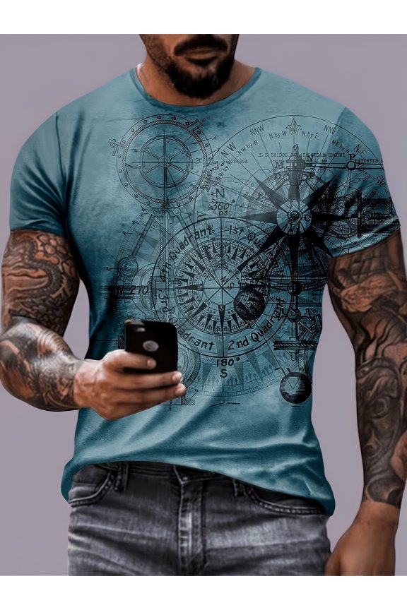 Men's Casual Blue T-Shirt with Compass and Gear Pattern - Short Sleeve, Polyester, Machine Washable, All Seasons