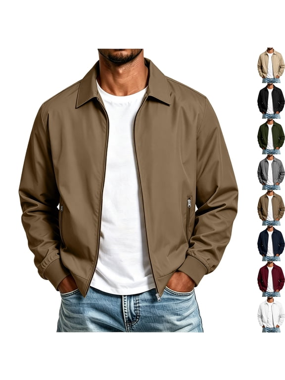 Men's Casual Bomber Jacket Lightweight Classic Collar Full Zip Golf JacketsWindbreaker for Business Casual Office Travel with Zip Pockets, Khaki, XL