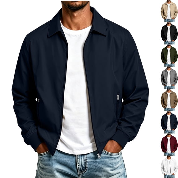Men's Casual Bomber Jacket Lightweight Classic Collar Full Zip Golf JacketsWindbreaker for Business Casual Office Travel with Zip Pockets, Navy, L