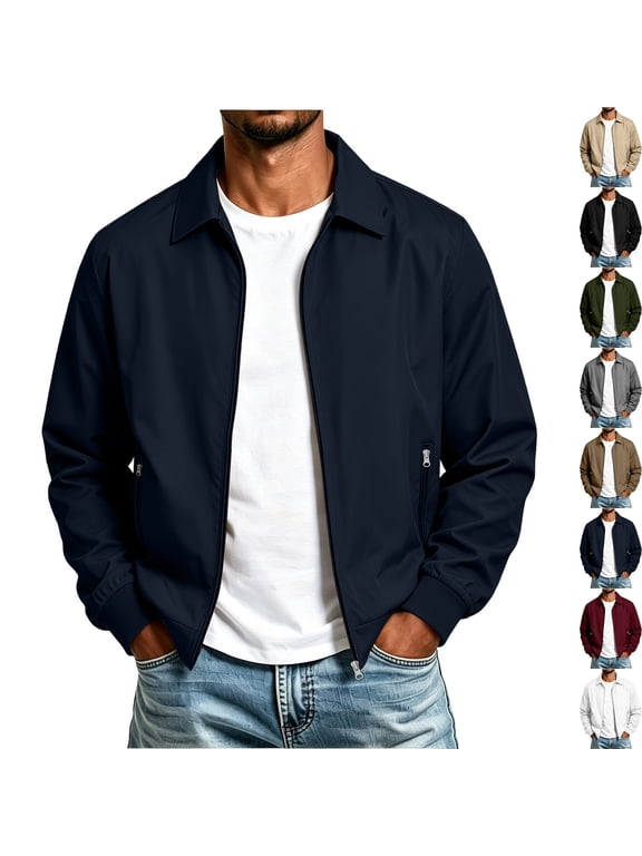 Men's Casual Bomber Jacket Lightweight Classic Collar Full Zip Golf JacketsWindbreaker for Business Casual Office Travel with Zip Pockets, Navy, XL