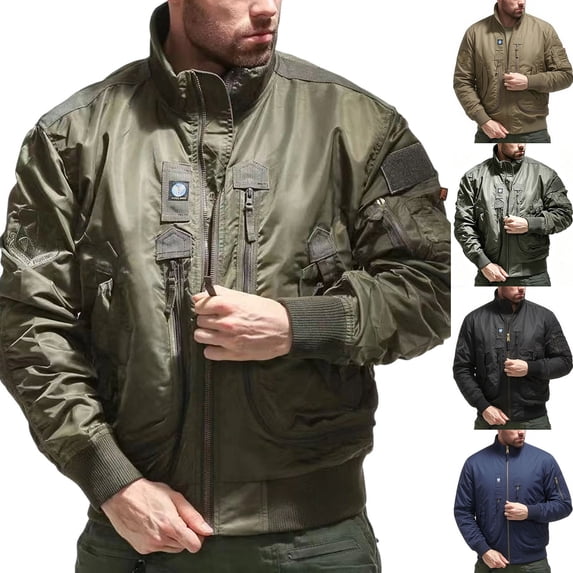 Men's Casual Bomber Jacket Outdoor Fall Winter Zip-Up Windbreaker, Water Resistant Padded Flight Jacket with Pocket