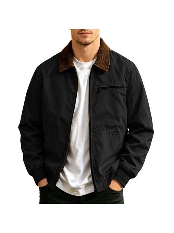 Men's Casual Bomber Jacket Zip-Up Golf Jacket Black Size L