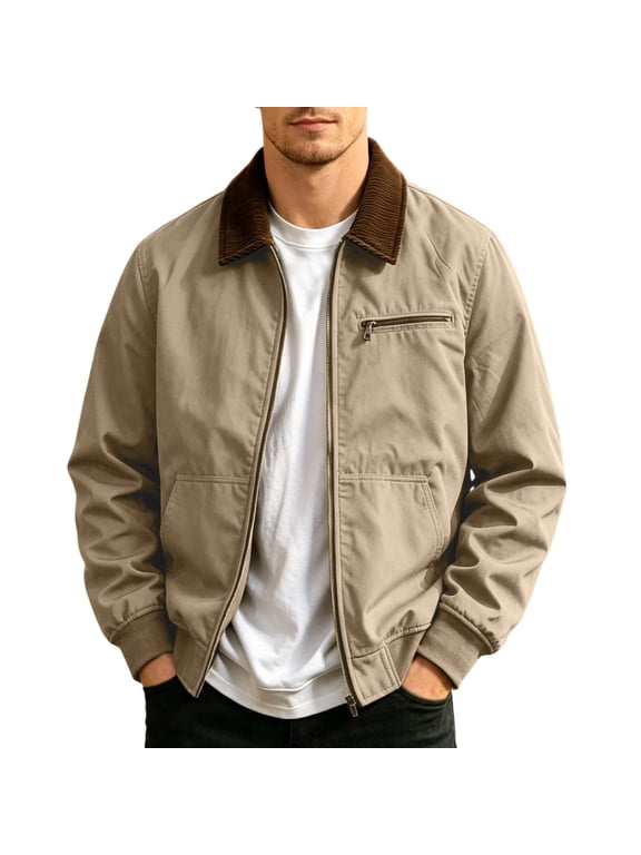Men's Casual Bomber Jacket Zip-Up Golf Jacket Khaki Size XL