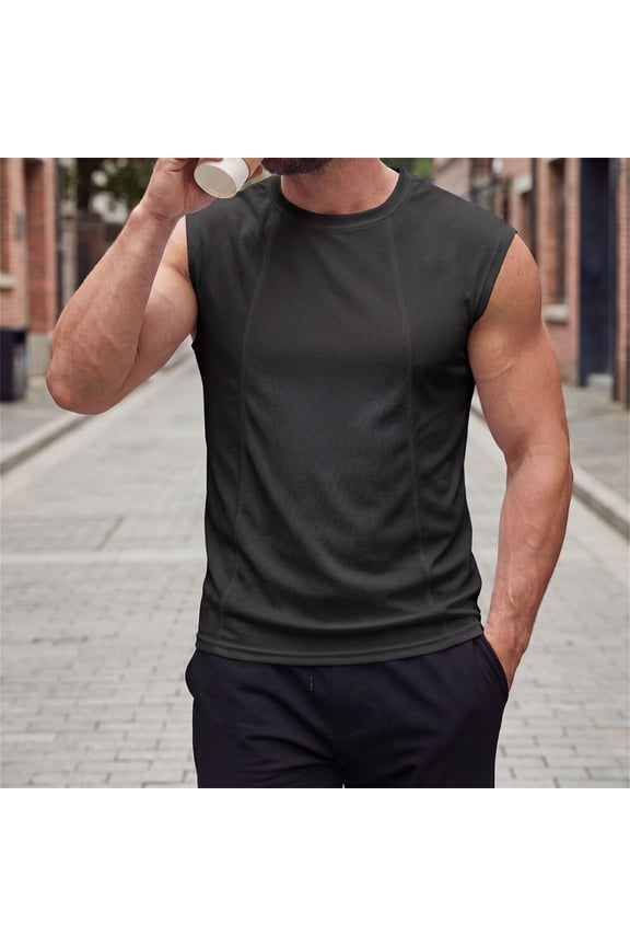 Men's Casual Breathable Mesh Structured Solid Sleeveless Round Neck Wide Shoulder Turtleneck Shirt Black S