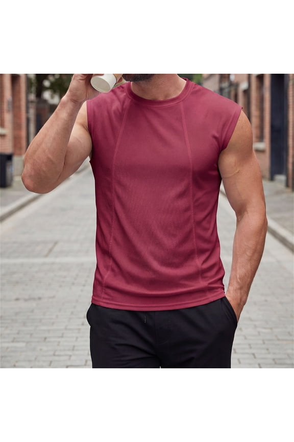 Men's Casual Breathable Mesh Structured Solid Sleeveless Round Neck Wide Shoulder Turtleneck Shirt Red M