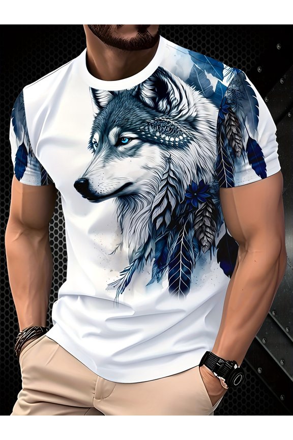 Men's Casual Breathable T-Shirt - White Round Neck Regular Fit, Machine Washable Durable Digital Print, Suitable for Outdoor and Daily Wear, Natural Theme Wolf Pattern Comfortable Fabric