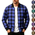 thumbnail image 1 of Men's Casual Buffalo Plaid Bomber Jacket Full Zip Windproof Lightweight Varsity Flight Coat with Pockets for Fall Winter Daily Wear, Blue, S, 1 of 9