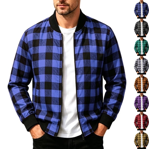 Men's Casual Buffalo Plaid Bomber Jacket Full Zip Windproof Lightweight Varsity Flight Coat with Pockets for Fall Winter Daily Wear, Blue, S