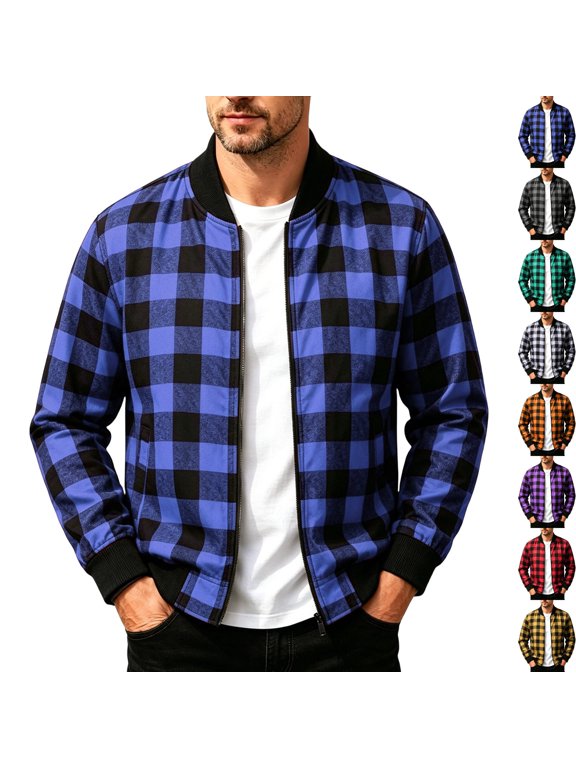 Men's Casual Buffalo Plaid Bomber Jacket Full Zip Windproof Lightweight Varsity Flight Coat with Pockets for Fall Winter Daily Wear, Blue, XXL