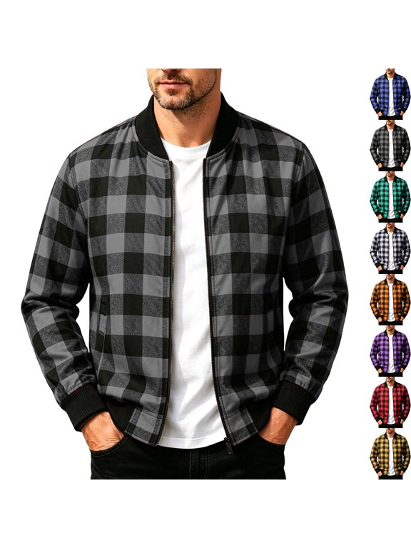 Men's Casual Buffalo Plaid Bomber Jacket Full Zip Windproof Lightweight Varsity Flight Coat with Pockets for Fall Winter Daily Wear, Dark Gray, L
