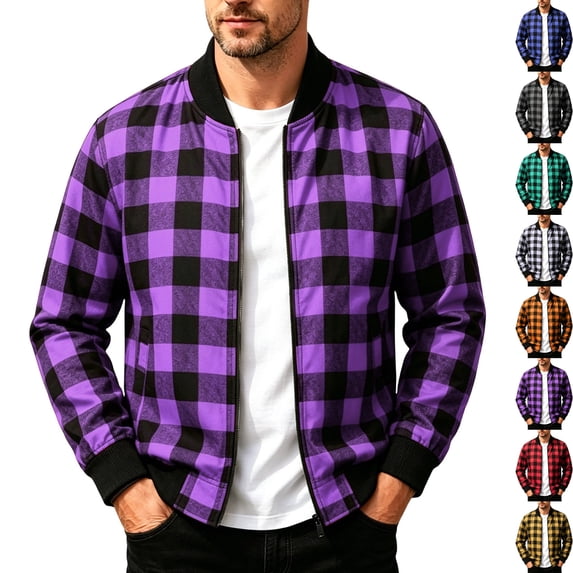 Men's Casual Buffalo Plaid Bomber Jacket Full Zip Windproof Lightweight Varsity Flight Coat with Pockets for Fall Winter Daily Wear, Purple, M