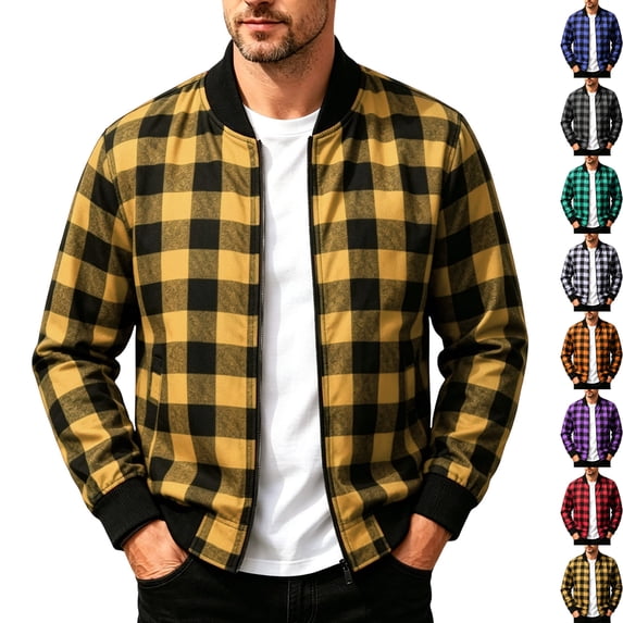 Men's Casual Buffalo Plaid Bomber Jacket Full Zip Windproof Lightweight Varsity Flight Coat with Pockets for Fall Winter Daily Wear, Yellow, L