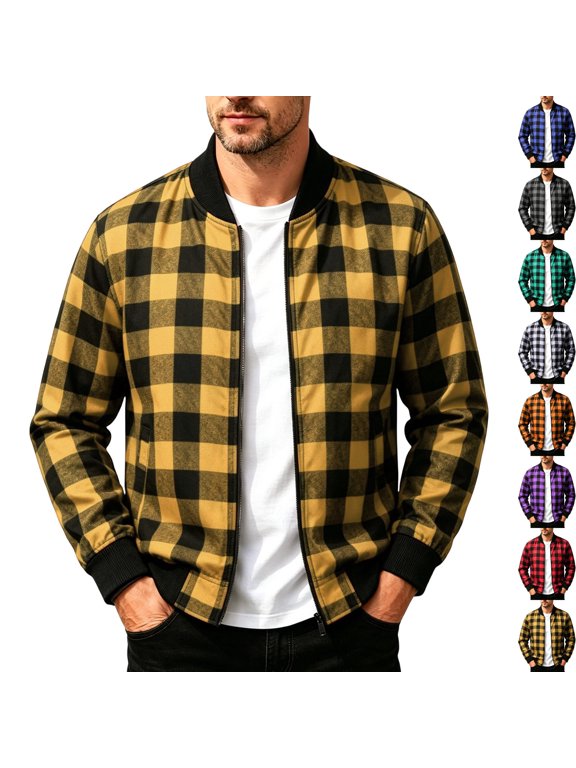 Men's Casual Buffalo Plaid Bomber Jacket Full Zip Windproof Lightweight Varsity Flight Coat with Pockets for Fall Winter Daily Wear, Yellow, L