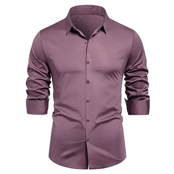 Men's Casual Business Long Sleeve Shirt Slim Fit Solid Color Dress Shirt Wrinkle-Free Button Up Shirts