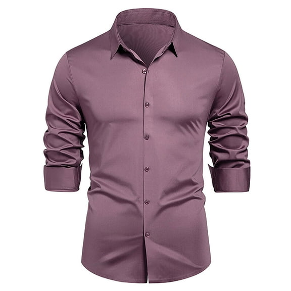 Men's Casual Business Long Sleeve Shirt Slim Fit Solid Color Dress Shirt Wrinkle-Free Button Up Shirts