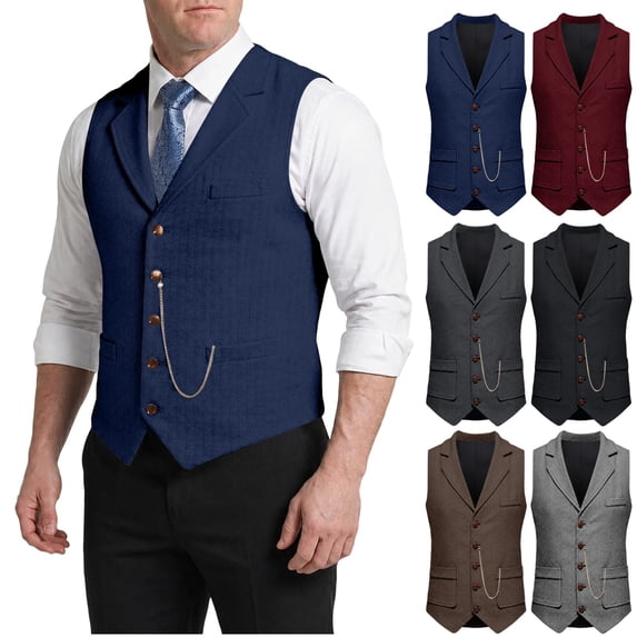 Men's Casual Business Tweed Vests Lightweight Waistcoat Slim Fit Suit Vest with Chain Navy XXL