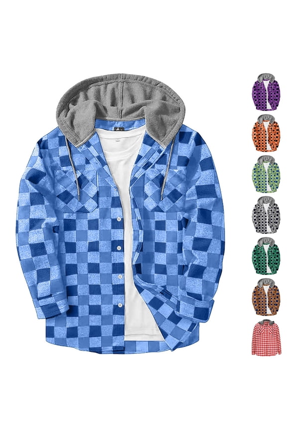 Men's Casual Button Down Brushed Plaid Shirt Jacket Hoodie with Pocket Long Sleeve Fashionable for Streetwear Travel Loungewear | CSEONE,Gray XL