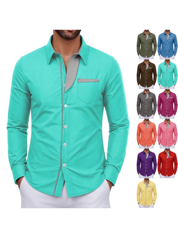 Men's Casual Button Down Dress Shirt Striped Contrast Trim Wrinkle Free Long Sleeve Shirts with Chest Pocket for Business Casual Travel, Green, M
