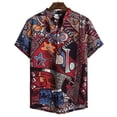 thumbnail image 1 of Men's Casual Button Down Linen Shirts - Short Sleeve, Stand Collar, Floral Pattern, 1 of 7