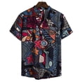 thumbnail image 1 of Men's Casual Button Down Linen Shirts - Short Sleeve, Stand Collar, Floral Pattern, 1 of 7