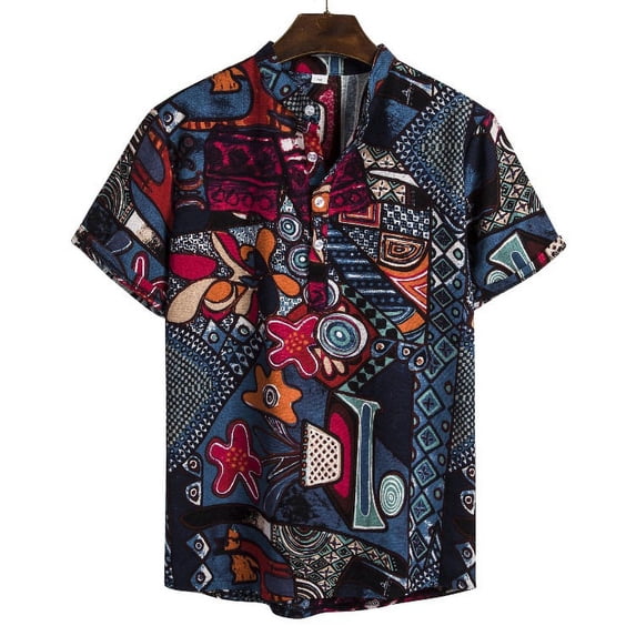 Men's Casual Button Down Linen Shirts - Short Sleeve, Stand Collar, Floral Pattern