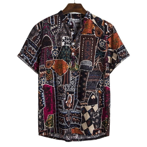 Men's Casual Button Down Linen Shirts - Short Sleeve, Stand Collar, Floral Pattern