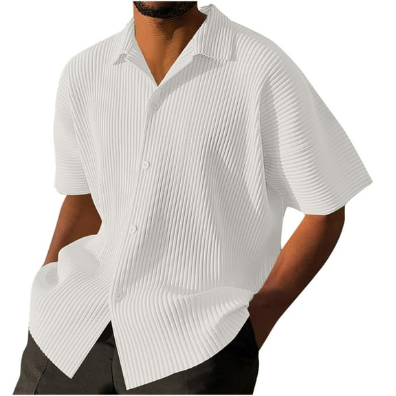 Men's Casual Button Down Shirt Short Sleeve Lapel Textured Shirt Beach Summer Stretch Top