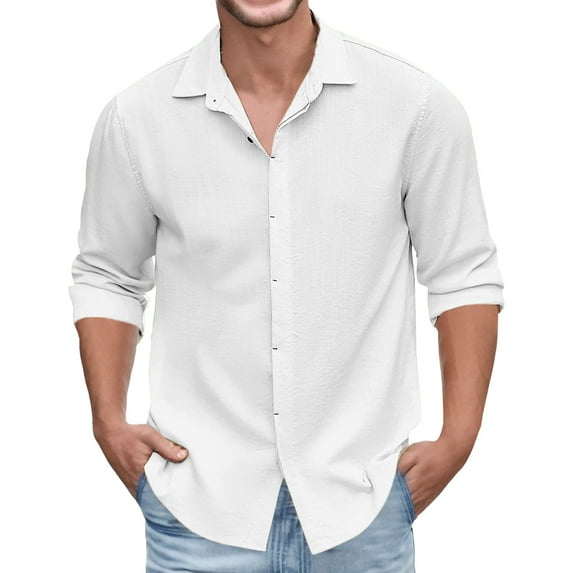 Men's Casual Button Down Shirts Long Sleeve Textured Linen Summer Beach Shirt with Pocket White L