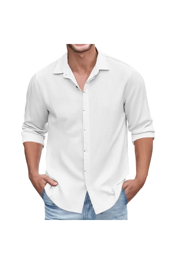 Men's Casual Button Down Shirts Long Sleeve Textured Linen Summer Beach Shirt with Pocket White M