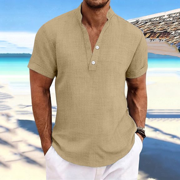 Men's Casual Button Down Shirts Short Sleeve Linen Shirts Summer Beach Dress Shirt Khaki S