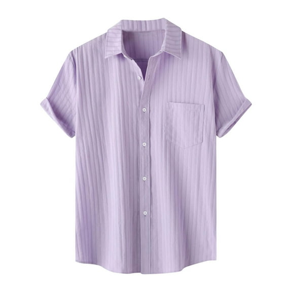 Men's Casual Button Down Shirts - Short Sleeve Summer Textured Beach Wrinkle-Free Shirts Purple L