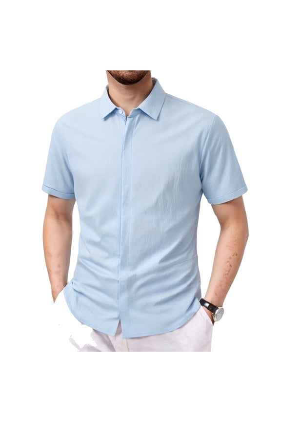 Men's Casual Button Down Shirts Short Sleeve Wrinkle-Free Summer Beach Wear Light Blue L