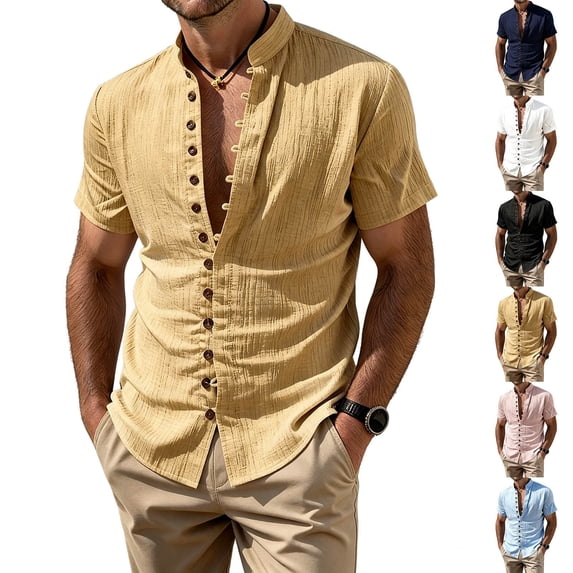 Men's Casual Button Up Shirt Polyester Blend | Short Sleeve Stand Collar With Breathable Fabric Beach Shirt | Sun Protection Vacation Tops Comfortable Daily | Zenithor,Sky Blue L