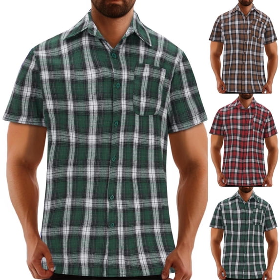 Men's Casual Button Down Short Sleeve Shirt Cotton Polyester Blend Turn-Down Collar Relaxed Fit Lattice Design Daily Beach Vacation Work Golf | Zenithor,Green 2XL