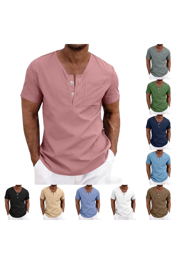 Men’s Casual Button Down Short Sleeve Shirt, V Neck Quick Dry Blouse, Rayon Nylon Solid Color, Lightweight with Pocket, Soft Breathable for Daily Beach Vacation Streetwear Work