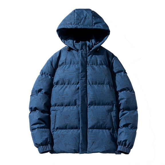 Men's Casual Camouflage Maple Leaf Print Hooded Cotton-padded Jacket with Detachable Hood, Dark Blue, Size M