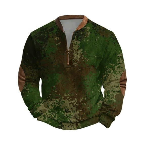 Men's Casual Camouflage Printed Semi-Zipper Retro Long Sleeve Sports Sweatshirt - Vintage Camo Pattern for Outdoor Wear and Street Style,Dark Green,4XL