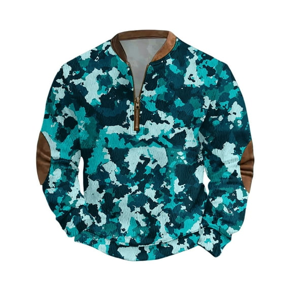 Men's Casual Camouflage Printed Semi-Zipper Retro Long Sleeve Sports Sweatshirt - Vintage Camo Pattern for Outdoor Wear and Street Style,Cyan,4XL