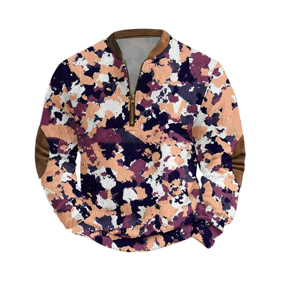 Men's Casual Camouflage Printed Semi-Zipper Retro Long Sleeve Sports Sweatshirt - Vintage Camo Pattern for Outdoor Wear and Street Style,Pink,L