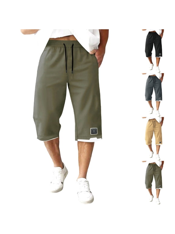 Men's Casual Capri Pants Solid Color Elastic Waist Drawstring Pocket Quick Dry Lightweight Breathable Joggers for Gym Running Hiking Daily Wear Summer | AKLJWH,Army Green 6XL