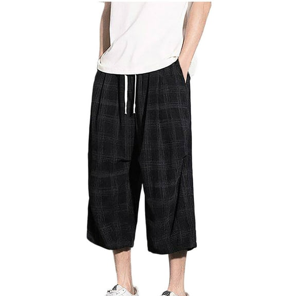 Men's Casual Capri Pants Summer Check Elastic Waist Baggy Wide Leg Pants Beach Vacation Pants