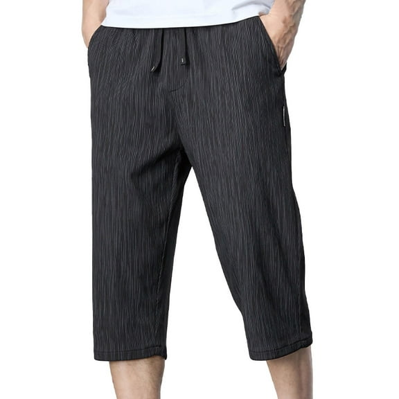 Men's Casual Capri Pants Summer Ice Silk 7-point Pants Elastic Waist Loose Straight Striped Pants with Pockets