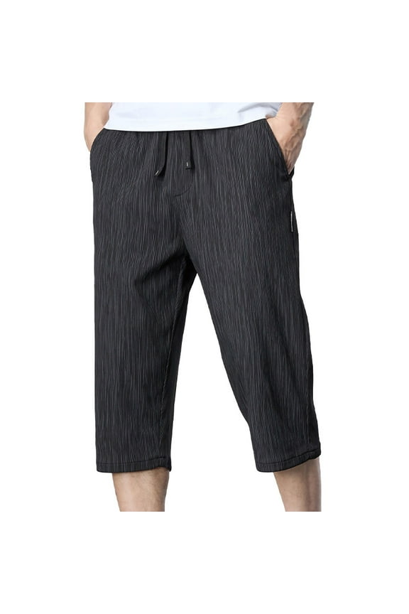 Men's Casual Capri Pants Summer Ice Silk 7-point Pants Elastic Waist Loose Straight Striped Pants with Pockets