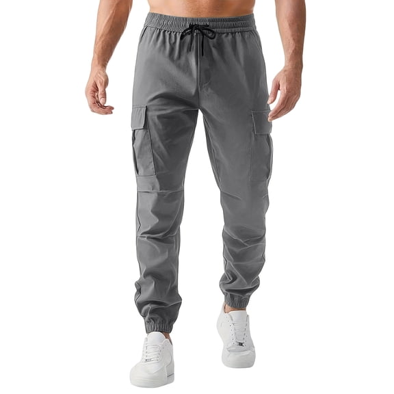 Men’s Casual Cargo Jogger Pants with Elastic Waistband Drawstring Multiple Pockets Relaxed Fit Lightweight Material Tapered Leg Design