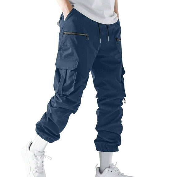 Zwiiyzr Men's Casual Cargo Joggers Sweatpants Workout Athletic Pants With Pockets Drawstring Gym Running Pants Blue