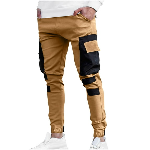 Men's Casual Cargo Pants Drawstring Elastic Waist Joggers Sweatpants Solid Color Multiple Pockets Hiking Trousers