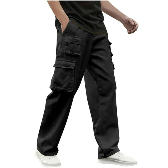 Men’s Casual Cargo Pants - Drawstring Elastic Waist Straight Leg Pants with Multi Pockets Solid Color Loose Trousers for Hiking Work