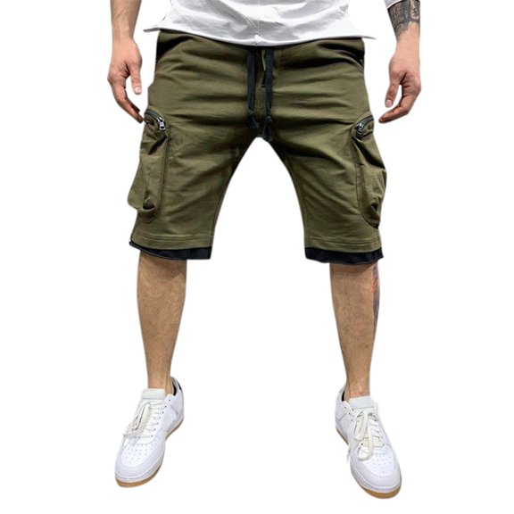 Men's Casual Cargo Pants Mid Waist Loose Fit Drawstring Shorts with Solid Splice Pocket Fashion Comfortable Outdoor Workwear